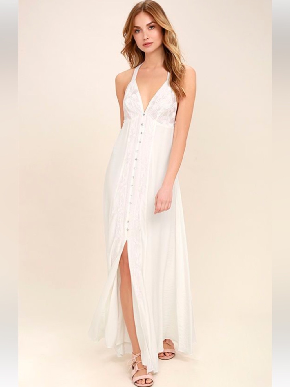 Hommage LA Maxi Dress Womens Medium Delicate Ivory Floral embroidered Chemise